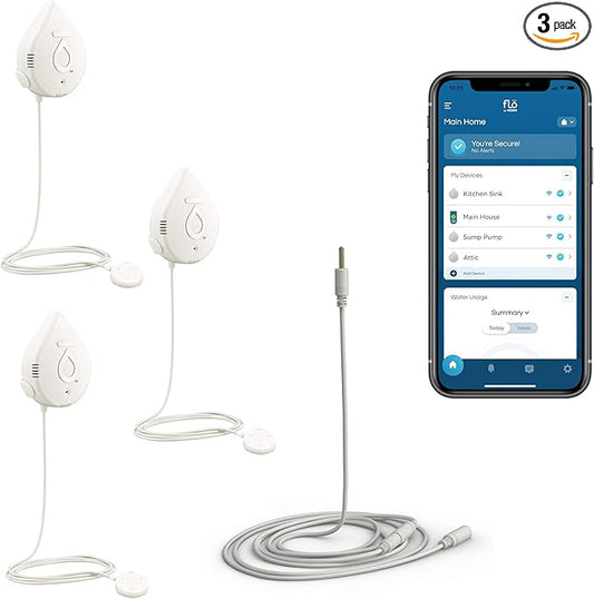 Flo by Moen Smart Water Detector, 3-Pack with Leak Sensing Cable (6-ft)