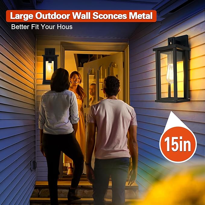 DBF Outdoor Wall Lanterns, Exterior Waterproof Wall Sconces Light Fixtures, Black Porch Lights Outside with Clear Glass, E26 Base Anti-Rust Heavy Duty Metal for House Garage Front Door, 2 Pack