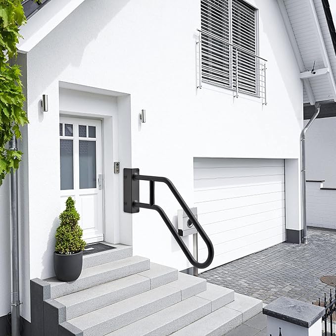 SELEWARE Heavy Duty 28" Handrails for Outdoor 1-3 Step, Non-Slip Door Jamb Corner Wall Mount Stair Hand Railing Grab Bars, U-Shape Safety Handle for Garage, Porch, Garden (Right Handed, Dia 1.3" Pipe)