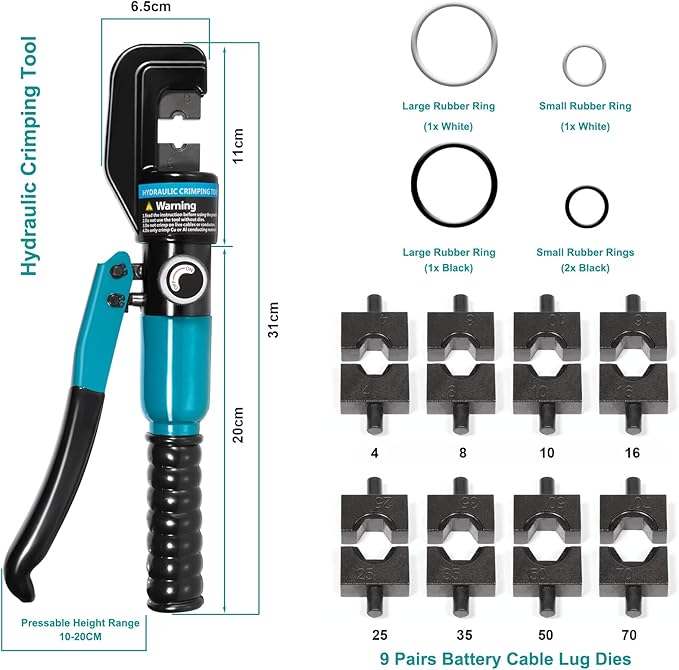 10 Tons Hydraulic Crimping Tool with 9 Dies - Battery Cable Crimper Tool & Wire Rope Crimping Tool for 12 to 2/0 AWG, 1/16" 1/8" 3/16" Stainless Steel Cable Railing Tool