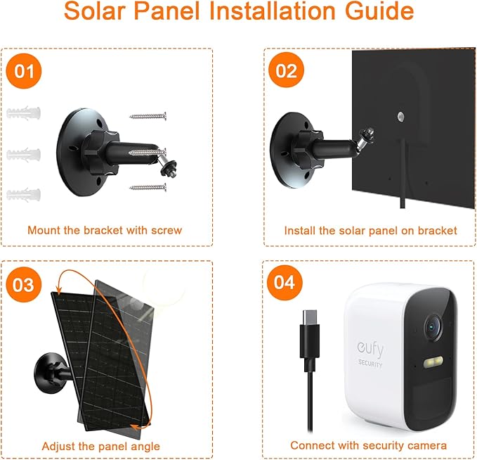 Zivif Solar Panel for Security Camera, 7W Solar Charger with Micro USB & USB-C Port, IP65 Waterproof USB C Solar Panel for 5V Rechargeable Battery Security Cameras, with 360° Adjustable Mount (Black)