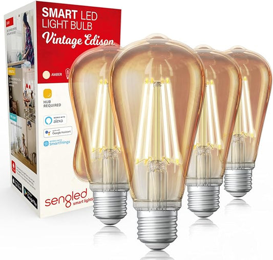 Sengled Zigbee Smart Light Bulbs, Smart Hub Required, Work with SmartThings and Echo with Built-in Hub, Voice Control with Alexa and Google Home, Amber Warm 2000K Smart Edison Bulbs, 60W Eqv. 4 Pack