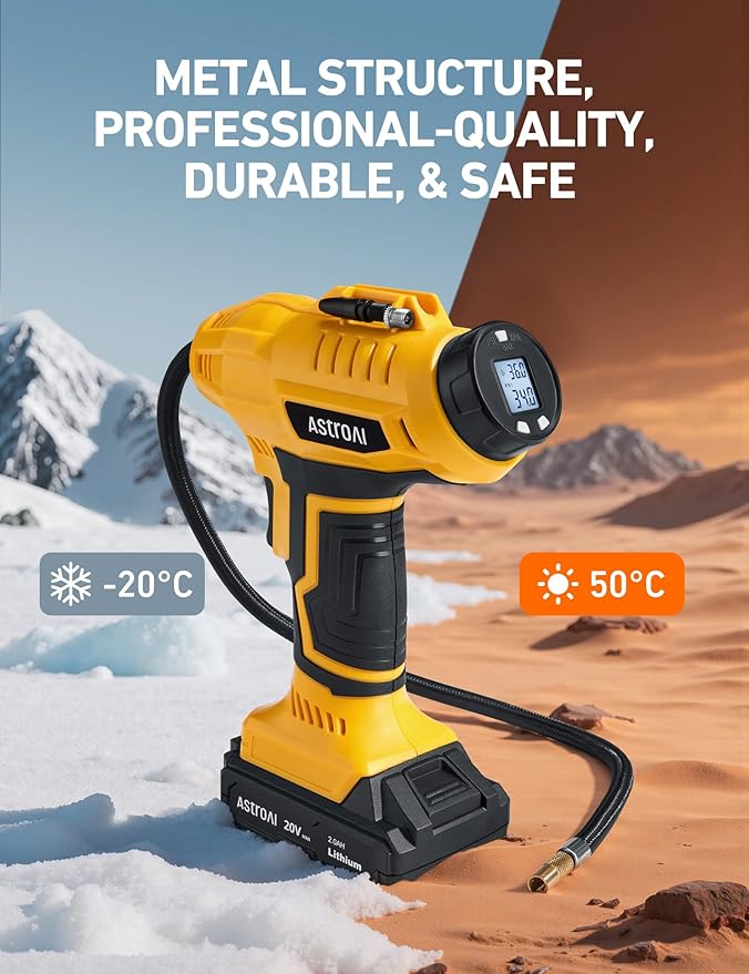 AstroAI Cordless Tire Inflator Air Compressor 20V Rechargeable Battery Powered 160PSI Portable Air Pump with 12V Car Power Adapter Digital Pressure Gauge for Cars Motorcycles JY16P160-18(C2)Yellow