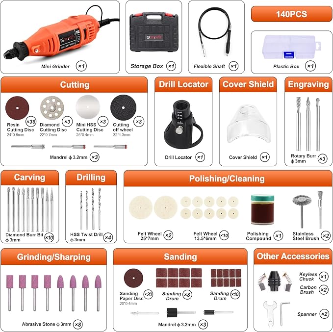GOXAWEE Rotary Tool Kit with Keyless Drill Chuck and Flex Shaft, Variable Speed Electric Multiuse Tool & 140 Accessories for Cutting, Drilling, Engraving, Grinding, Sanding, Polishing, Crafts, and DIY