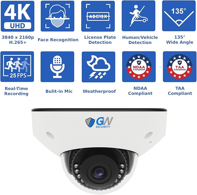 GW Security 16 Channel NVR UltraHD 4K Face Recognition NDAA & TAA Compliant Security Camera System with 12 x 8MP @25FPS Outdoor & Indoor PoE Dome Cameras, 10 Smart AI Functions