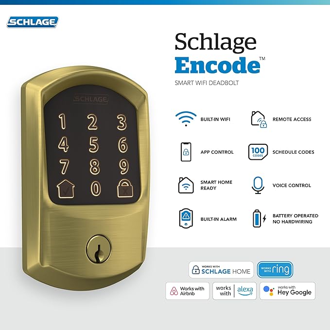 Schlage Encode Smart WiFi Deadbolt Lock for Front Door - Keyless Entry with App or Touchscreen - Compatible with Alexa, Hey Google, & Airbnb - Create Codes for Guests - Satin Brass Gold
