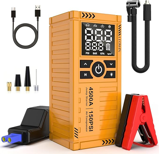 Jump Starter with Air Compressor, Battery Jumper Starter Portable(9.0 Gas/6.5L Diesel) with Tire Inflator, 12V Car Battery Jump Starter with Smart Jumper Cables, LED Light, LCD Display