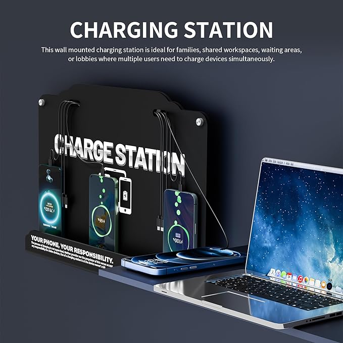 Wall Mounted 8 Port Charging Station with Fast Charigng Cables – Multi Device Charging Dock for Office, Hotel & Public Spaces | Compatible with iPhone ipad Smartphone Tablets Android Port (Black)