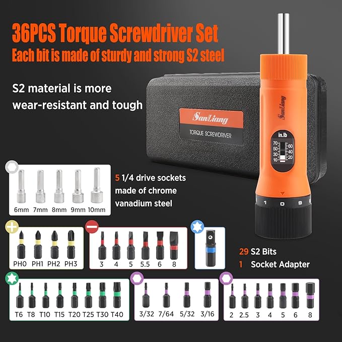 36Pcs Torque Screwdriver Wrench Driver Set 10-70 Inch Pounds lbs with 29 S2 Bits,5 Drive Sockets ,1/4" Socket Adapter for Maintenance,Tools, Bike Repairing and Mounting.