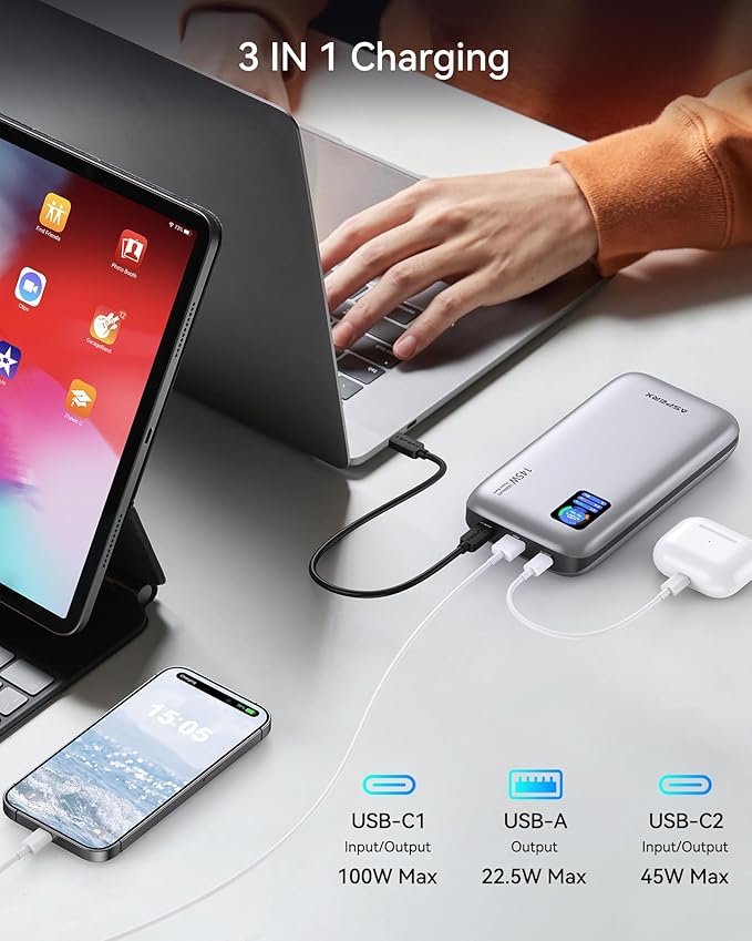 AsperX Laptop Portable Charger, 24,000mAh 145W Power Bank, TFT Smart Display, USB C PD 3.1 Fast Charging Travel Battery Pack (86.4Wh) for MacBook, iPhone 17/16,Dell XPS, Steam Deck(Flight-Approved)