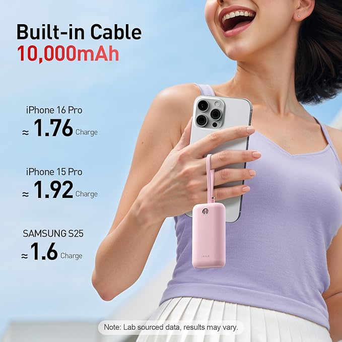 iWALK Mini Portable Charger 10,000mAh, 22.5W USB-C Fast Charging Power Bank with Built-in Cable, Travel Essential Ultra-Small Battery Pack Compatible for iPhone 16/16 Pro/15, Samsung, Google, Pink