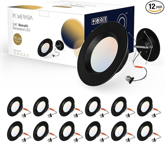 12 Pack 5/6 Inch Black LED Can Lights Retrofit Recessed Lighting, 5CCT 6 Inch Recessed Lights Selectable 2700K-6000K Dimmable, 12W=75W, 1200LM Downlight with Metal Smooth Trim-ETL and Energy Star