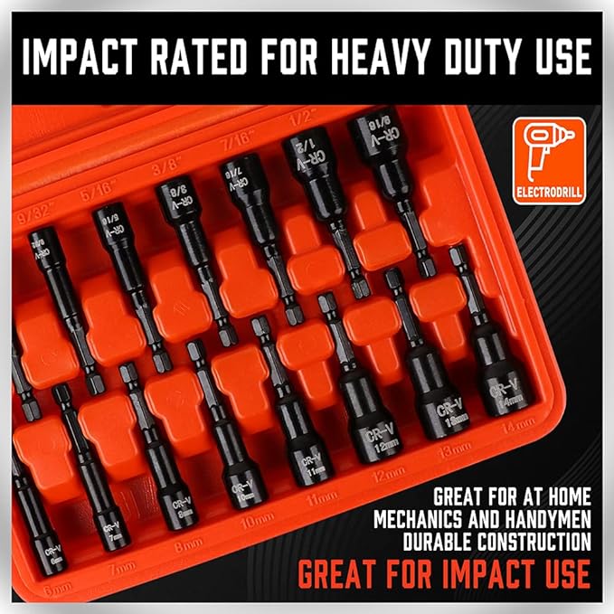 HORUSDY 15-Piece Magnetic Nut Driver Set with Storage Case, Wide Size Range SAE & Metric Impact Hex Drill Bit Kit with 1/4" Quick-Change, for Mechanics, DIY, Home & Automotive Projects