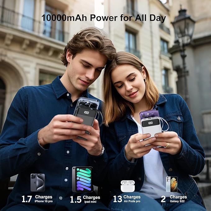Portable Charger 10000mAh Power Bank with Built-in Cable, 5 Output 2 Input Travel Essential External Battery Pack with LED Display Compatible with iPhone 16/15 Samsung S22 Android,etc