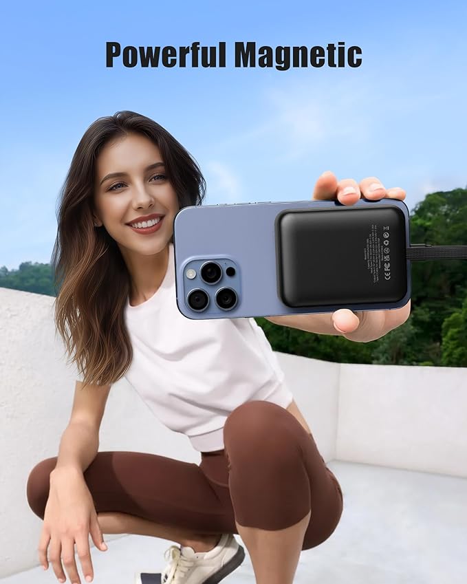 Magnetic Portable Charger 10000mAh, Wireless Mag-Safe Power Bank, 22.5W Fast Charging Power Bank, Compatible with iPhone Series, Android Devices, Compact and Lightweight for Short Travel-Black