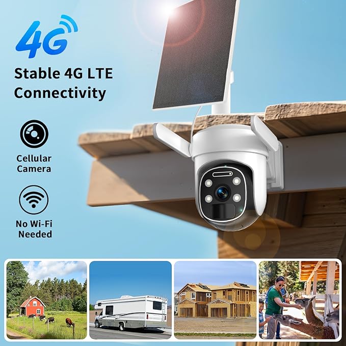 4G LTE Cellular Security Camera Outdoor, 2K No WiFi Solar Camera Outdoor Wireless Color Night Vision, Cellular Cameras for Security 360° Viewing, PIR Motion Sensor