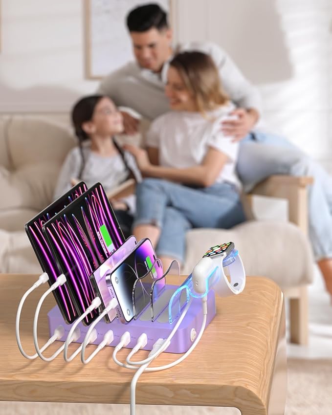 SooPii Premium 6-Port USB Charging Station Organizer for Multiple Devices, 6 Short Charging Cables and One Upgraded i-Watch Charger Holder Included, for Phones,Tablets and Other Electronics, Purple