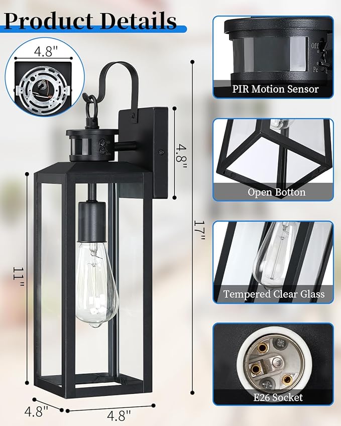 17'' Motion Sensor Outdoor Lights Wall Mount, Dusk to Dawn Exterior Light Fixture, Waterproof Anti-Rust Porch Light Outside Wall Lights for House, Black Wall Sconce Lanterns with Clear Glass, 2 Pack