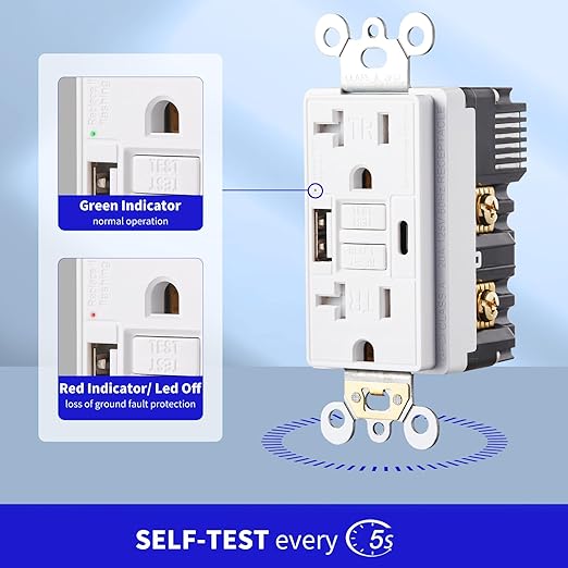 20 Amp Self-Test GFCI Outlet Combination with USB Type A and Type-C, Tamper Resistant Thinner Duplex Outlet, in-Wall, USB Charger for Smartphones, Tablets and Smart Home Appliance, White