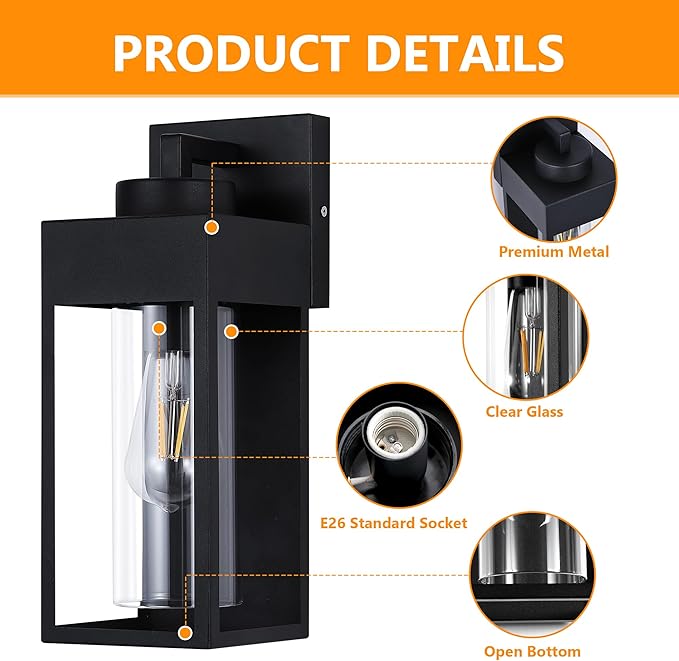 2-Pack Outdoor Wall Light Fixture, Exterior Porch Light with E26 Sockets &Glass Shades, Modern Wall Sconce for House Patio Garage Door