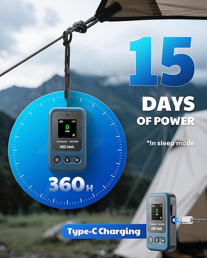 AGT-2309 Portable Carbon Monoxide Detector, 15-Day Standby, Rechargeable Mini CO Monitor with Lanyard for Travel & Camping, Handheld CO Meter with Audible & Visual Alerts, 0-1000ppm - Blue