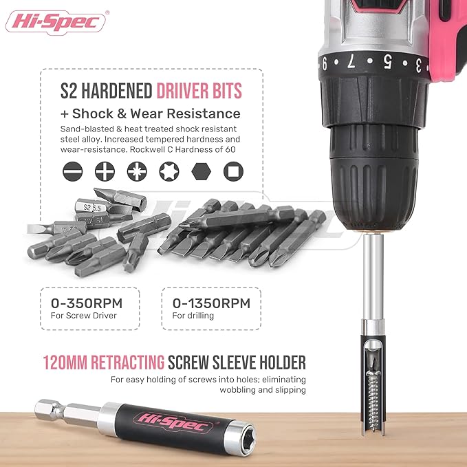 Hi-Spec 58pc 18V Pink Womens Cordless Electric Power Drill Driver and Screw Bit Set in a Portable Case for Wood, Plastics, Drywall and Light Metal Drilling