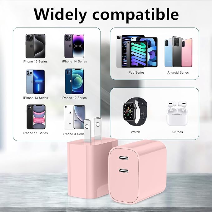 20W USB C Charger Block,3-Pack Type C Charging Block,Dual Port USB C Wall Charger Plug for iPhone 16/15/14/13/12/11/ Pro Max/Plus/Xs Max/XR/X,iPad Pro (Pink)