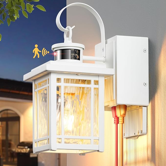 Outdoor Porch Light with GFCI Outlet, White Exterior Lighting Fixtures Wall Mount, Motion Sensor Outdoor Wall Sconce, Anti-Rust Coach Lights for Garage, Modern Patio Lantern Lights for House