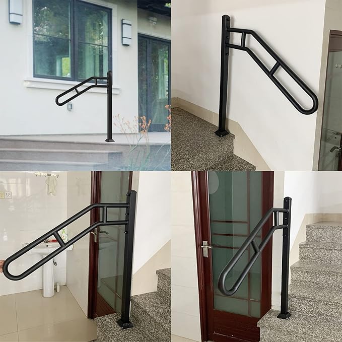 Single Post Handrail for Outdoor 1-3 Steps, Metal Bent Stair Handrails, Floor Mounted Wrought Iron Stair Railing, Sturdy U-Shaped Post Grab Rails with 2 Anti-Skid Crossbar for Garage, 32" L x 35.8" H