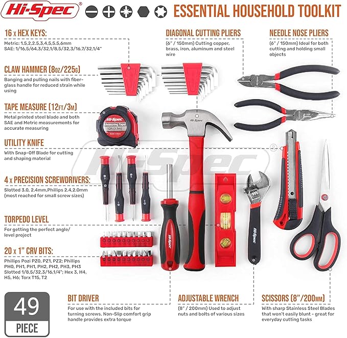 Hi-Spec 49pc Complete Home Tool Kit Set in a Portable Toolbox Case. Essential Household Repair Tools for DIY in The Apartment, Office and College