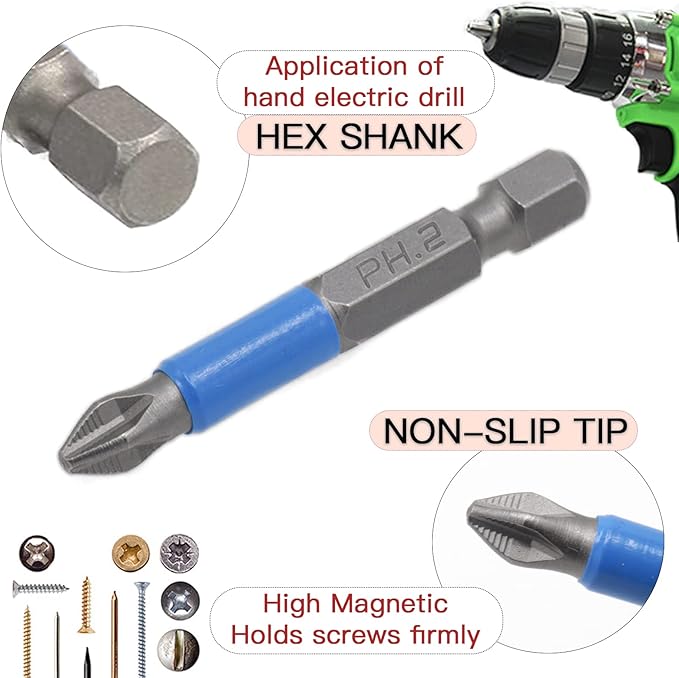 12pcs PH2 Magnetic Screw Head Screwdriver Bit Set, Alloy Steel PH2 X 50mm Long Phillips Drill Bits, 1/4 Hex Shank Anti Slip Drill Bits for Electric Hand Screwdrivers