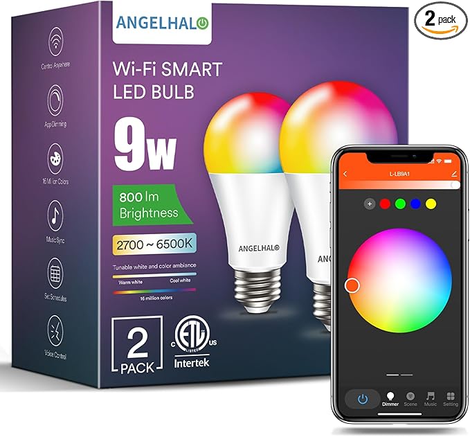 ANGELHALO Smart Light Bulbs, Color Changing A19 LED Light Bulb, Work with Alexa and Google Assistant, Wi-Fi & Bluetooth Light Bulbs, 16 Million Colors RGBCW, Music Sync, 800 Lumens, 2.4Ghz only,2 Pack