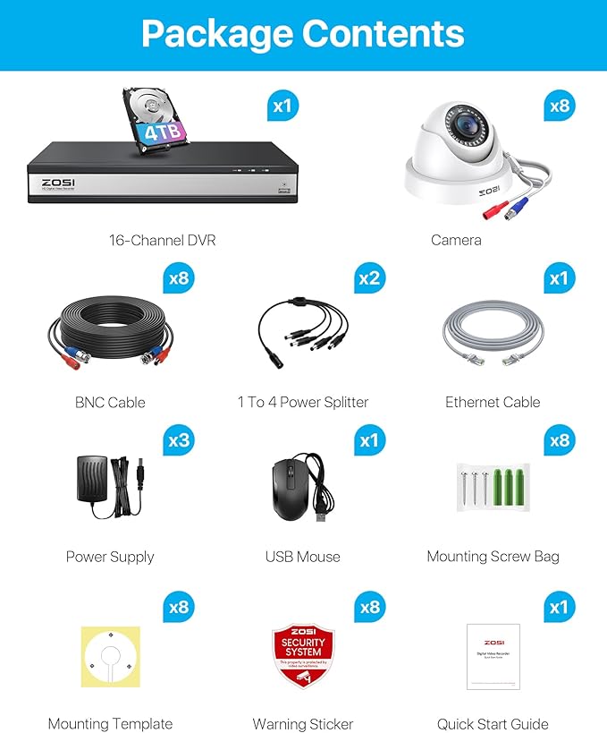 ZOSI H.265+ 16 Channel Security Camera System 1080p,16 Channel CCTV DVR with 4TB HDD, 8 x 1080p Indoor Outdoor Dome Camera, 80ft Night Vision, 105° View Angle, Remote Control, Alert Push