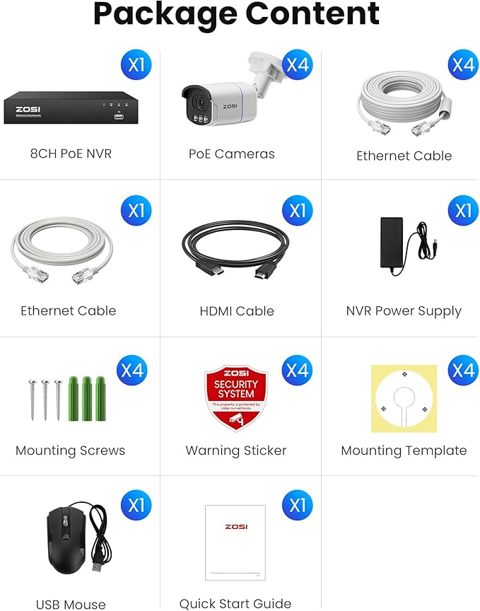 ZOSI 4K 8MP 8CH PoE Security Camera System, 4pcs 3K 5MP C186 Aurora Lux True Full Color Night Vision Outdoor Indoor PoE Wired Cameras, Person/Vehicle Alerts, Light & Siren, Two-Way Talk, with 2TB HDD