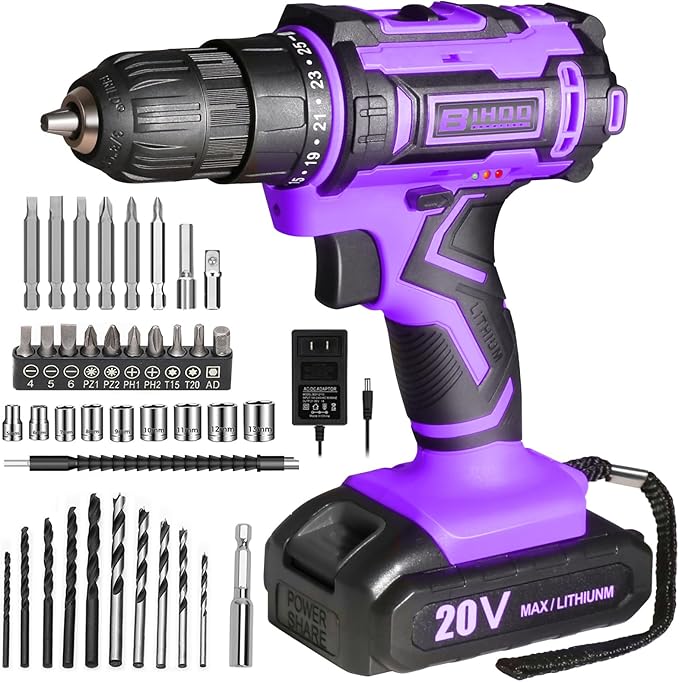 Purple 20v Cordless Drill With Battery And Charger, Electric Screwdriver Kit, 25+1 Torque, Stud Finder Ready,Front LED Light