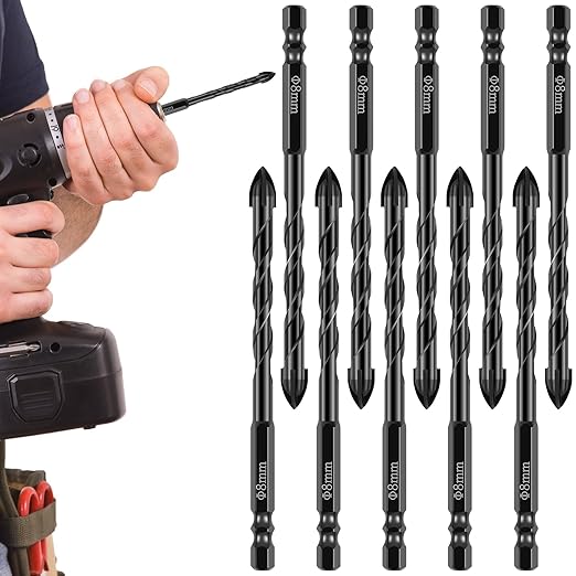 10Pcs Concrete Drill Bit Set 8mm Alloy Masonry Drill Bit Set Stable Carbide Tipped Tile Drill Bit Cross Head 1/4 Hex Shank Drilling Hole Bit for Concrete Cement Brick Wood (8mm 10pcs)