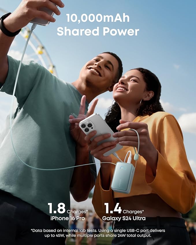 Anker Nano Power Bank, 10,000mAh Portable Charger with 2.3 ft InstaCord Retractable Cable, 45W Max Compact Battery Pack, Smart Display, for iPhone 16 Series, iPad, Galaxy, Pixel, and More
