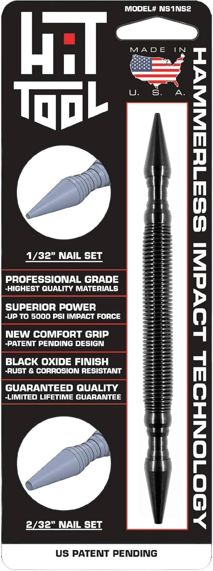 HIT Tools 2-in-1 Spring Loaded Nail Set β Dual Tip 1/32" & 2/32" Hammerless Nail Setter β Lightweight, High-Impact Punch Tool β Made in USA for Trim, Finish, and Woodworking Projects