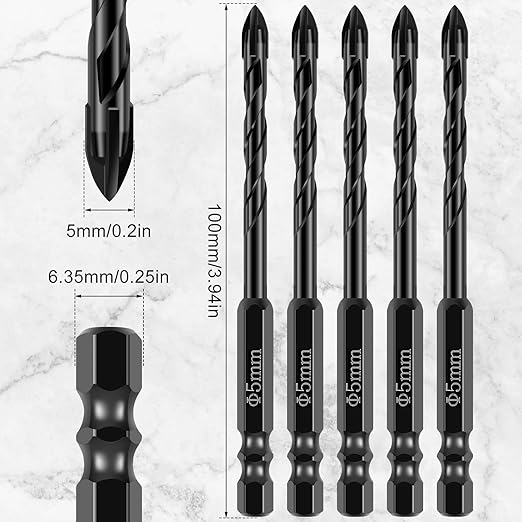 10Pcs Concrete Drill Bit Set 5mm Alloy Masonry Drill Bit Set Stable Carbide Tipped Tile Drill Bit Cross Head 1/4 Hex Shank Drilling Hole Bit for Concrete Cement Brick Wood (5mm 10pcs)