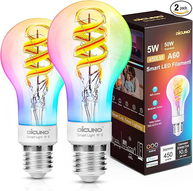 DiCUNO Smart Edison Bulb A19, Color Changing WiFi Smart Light Bulb, Vinatge A60 Filament Bulb Compatible with Alexa & Google, Dimmable with App, 50 Watt Equivalent 450LM, No Hub Required, 2 Pack