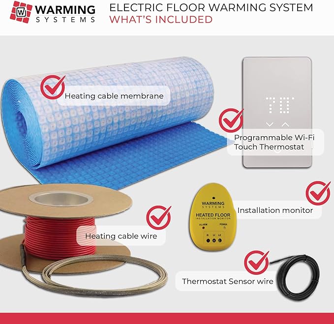 10 Sqft 120V Electric Radiant Floor Heating Kit – Includes Heating Cable, Heat Membrane, WiFi LED Programmable Thermostat and Installation Monitor