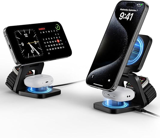 3-in-1 Wireless Charger Stand, LULULOOK 15W Magnetic Charger Wireless Fast Charging Station for iPhone 16/15/14 Series, Aluminum 5W Charger for Apple Watch, AirPods, USB-C Charging Cable Included
