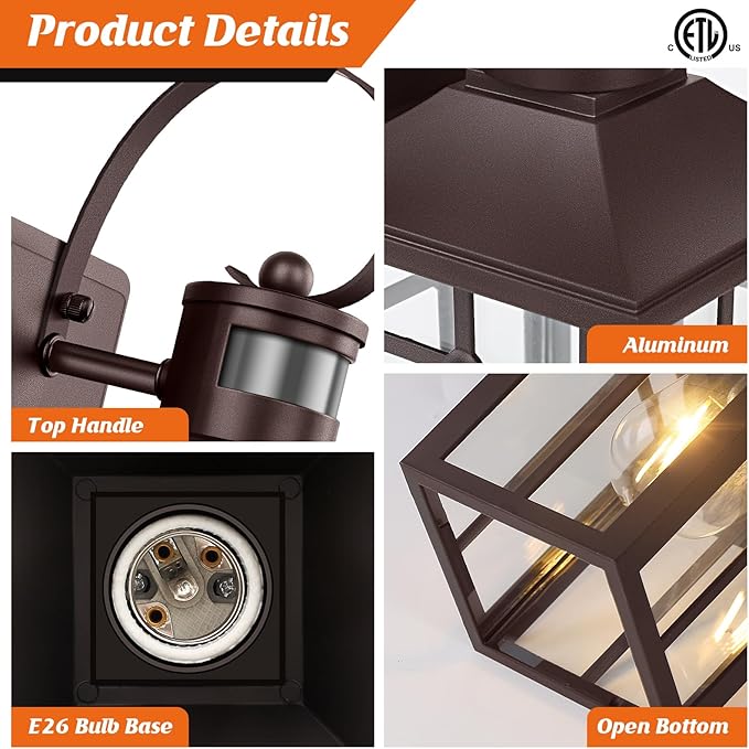 Bronze Porch Light 2-Pack, Motion Sensor Outdoor Lights, Aluminum Waterproof Outdoor Modern Wall Sconces, ETL Listed Dusk to Dawn Exterior Light Fixture for House, Garage, Porch, Front Door