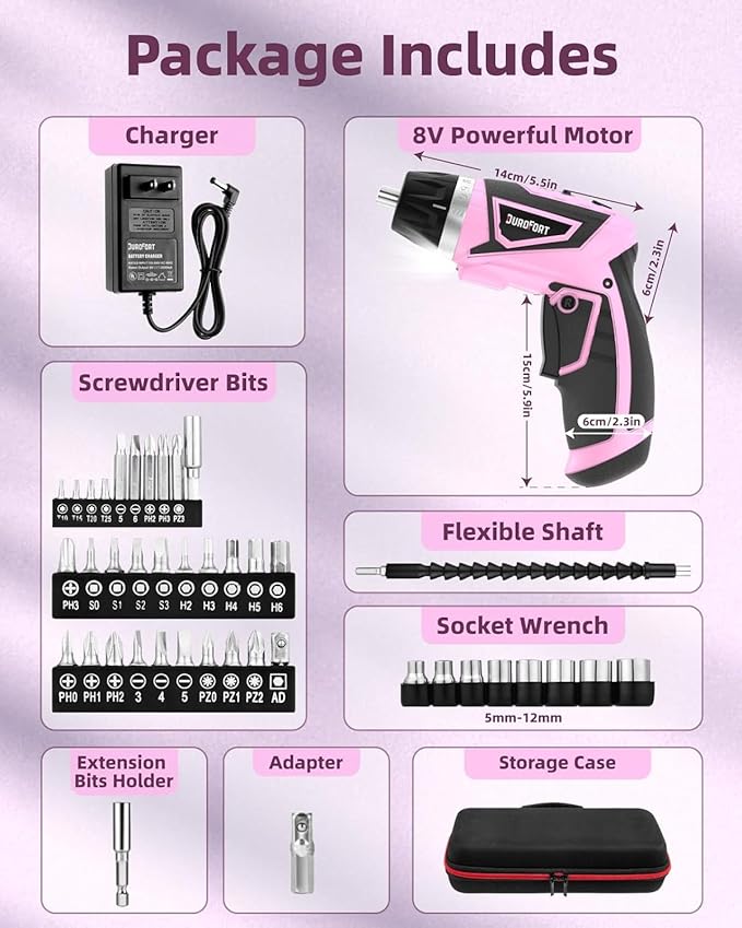 Cordless Electric Screwdriver Set, 8V 10Nm Rechargeable Power Electric Drill, Battery Screw Gun with Driver Bit, 320RPM/10+1 Torque, 2 Position Handle, Flexible Shaft LED Light (Pink, 39Pcs)