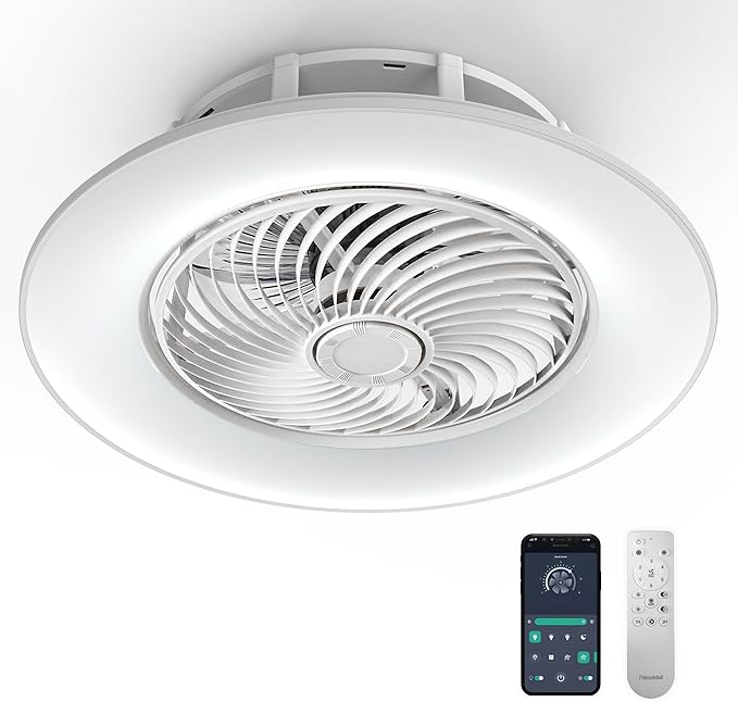 Bladeless Ceiling Fan with Light and Remote Control 22" Low Profile Ceiling Fan Modern Enclosed Multi-Speed Indoor Ceiling Fan 3 Color Temperatures Smart LED.