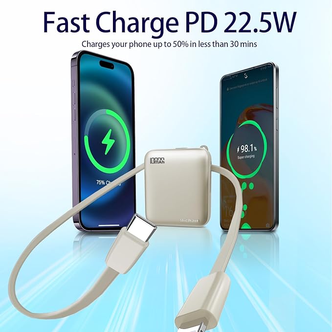 Hichain Small Portable Charger with Built in Cables LED Display, Mini Power Bank 10000mAh 22.5W USB-C Fast Charging Battery Pack, Travel Essential Power Bank for iPhone, iPad, Samsung, Android (Gold)