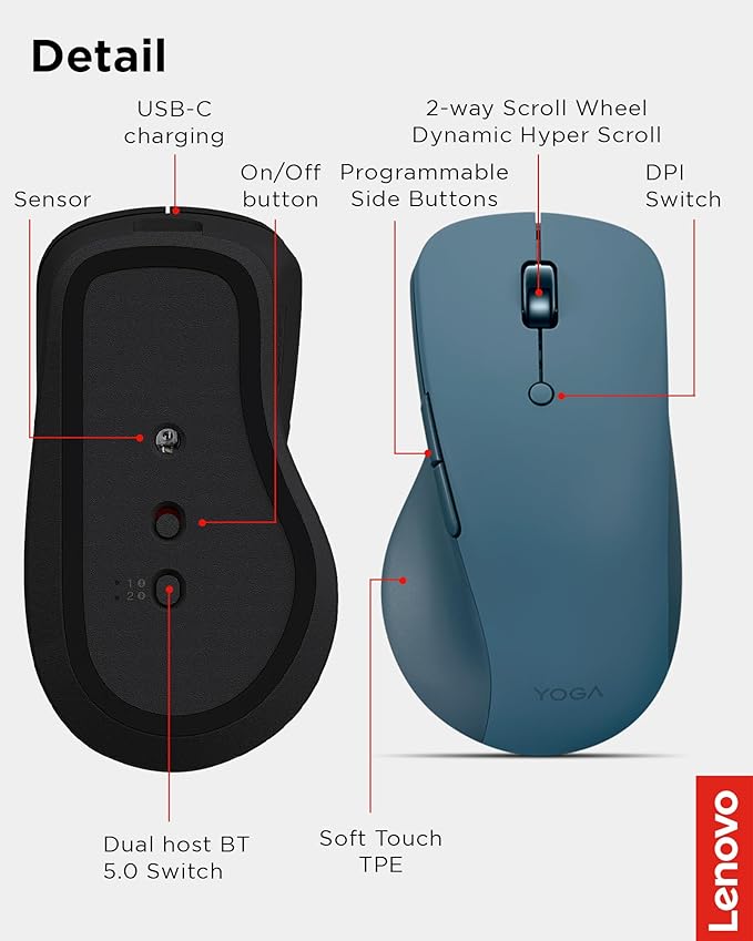Lenovo Yoga Pro Mouse, Bluetooth, USB-C Rechargable, Dual Mode Bluetooth, 6 Button, Right Handed Design, Ergonomic Design, Programmable Buttons, 2-Way Metal Scroll Wheel, Tidal Teal