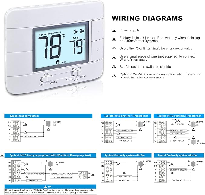 Non Programmable Thermostat for Home 1 Heat/ 1 Cool Single-Stage System, with Room Temperature Monitor (LCD White Backlit Screen)