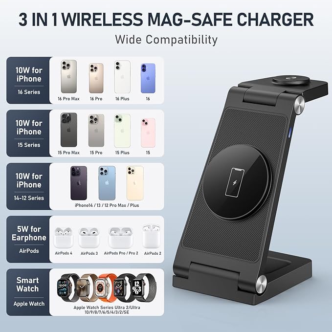 Magnetic Wireless Charger Stand, 3 in 1 Foldable Wireless Charging Station, Travel Charger for Multiple Devices for iPhone 16 15 14 13 12 Series, Apple Watch Ultra/9/8/7/6/5/4/3/2, AirPods