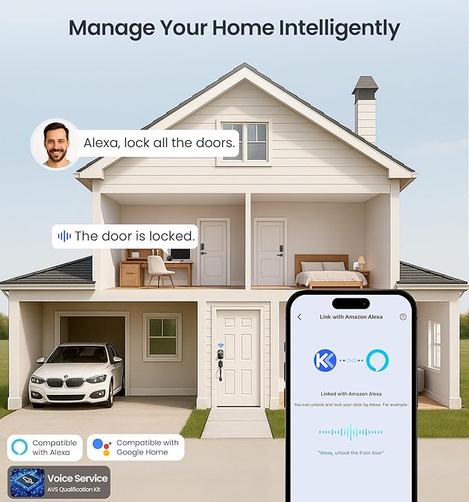 Veise VE012W Built-in WiFi Fingerprint Smart Lock, App Remote Control, No Hub Needed, Keyless Entry, Front Door Smart Deadbolt, Digital Keypad, Auto Lock, IP55 Waterproof, BHMA Grade 3, Matte Black
